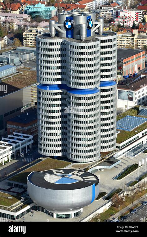 muenchen germany overlooking  bmw museum   bmw tower stock