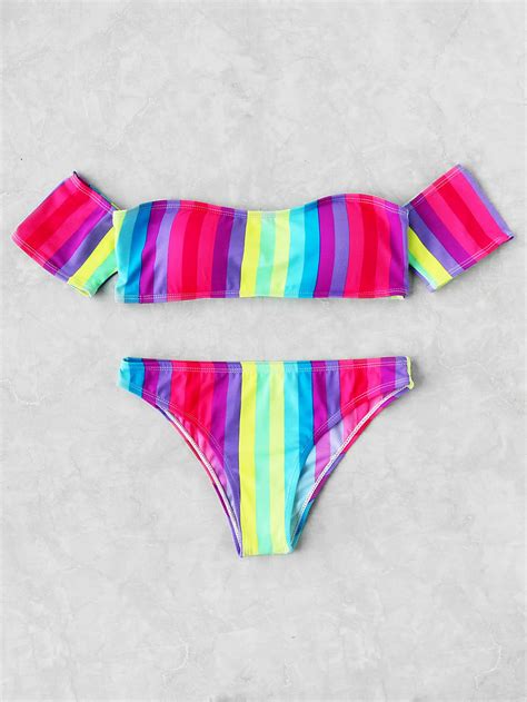 buy it now block striped off the shoulder bikini set multicolor