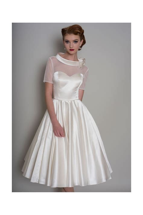 hattie tea length satin  wedding dress  sleeve