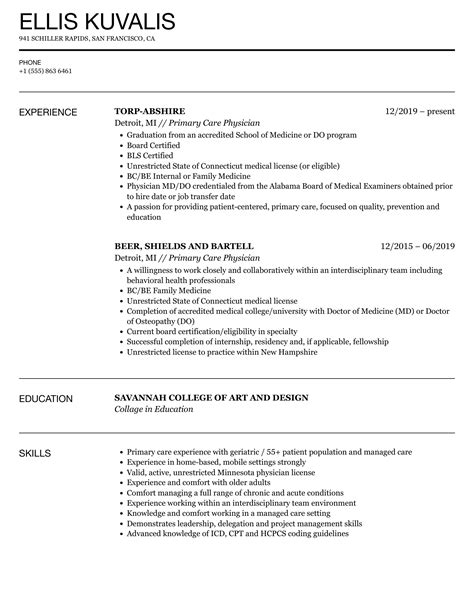 primary care physician resume samples velvet jobs