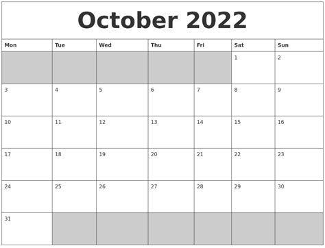 october  blank printable calendar