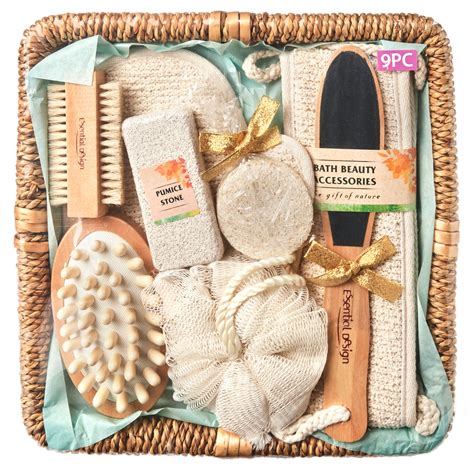 essential design luxury bath spa gift basket set  wood massager