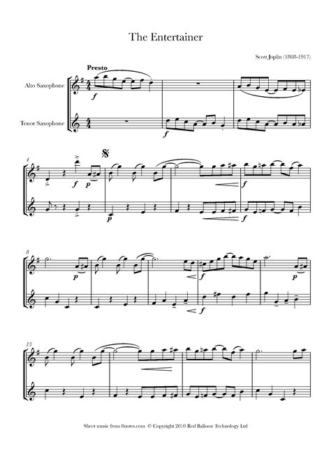 Scott Joplin The Entertainer Sheet Music For Alto Tenor Sax Duet