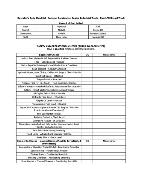 printable forklift daily checklist