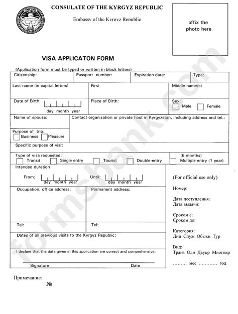 Visa Application Form Consulate Of The Kyrgyz Republic Printable Pdf
