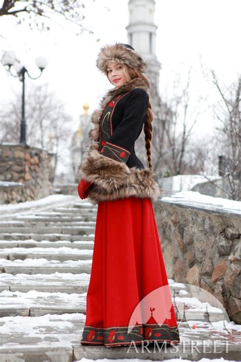 wool coat bordered with fake fur refers to the russian national costume theme for sale