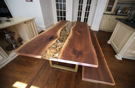 walnut dining river table  bench  gold legs