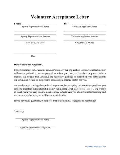 volunteer acceptance letter template  printable