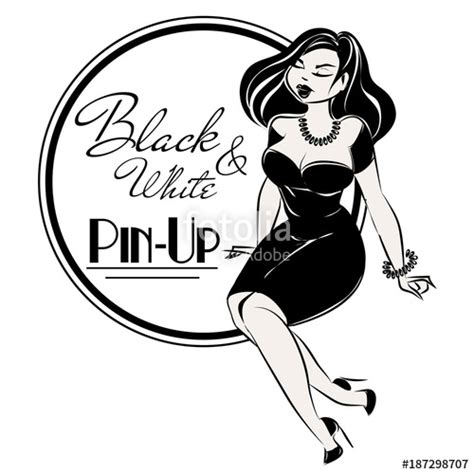 black and white pin up plus size sexy woman with retro logo design hand drawn vector