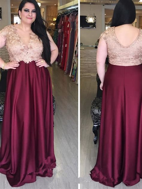 v neck sexy satin plus size prom dress with applique long evening
