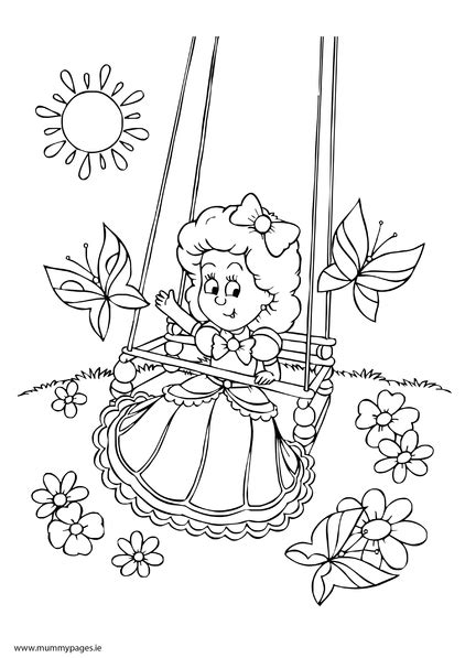 girl playing  swing colouring page mummypagesie