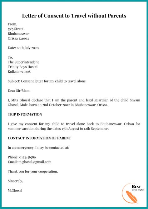 minor travel consent letter template