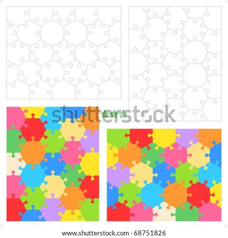 hexagonal jigsaw puzzles blank templates  colorful patterns stock