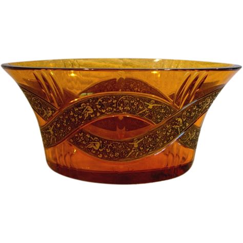 Bohemian Moser Signed Art Glass Jardinière Bowl Amber W Cameo Frieze C