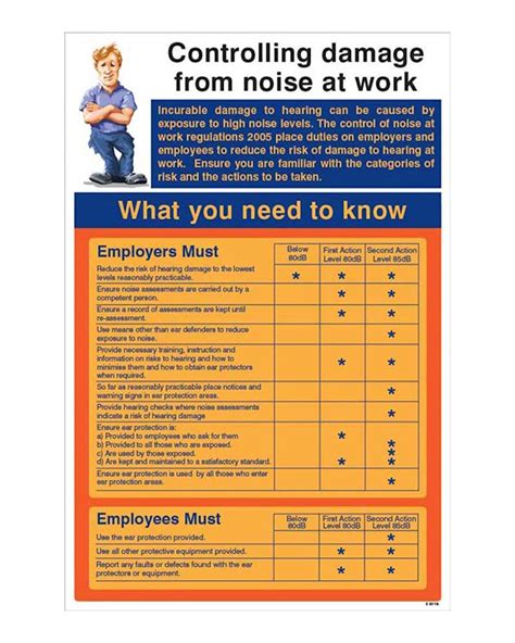 controlling damage  noise  work regulations wall chart  aspli safety