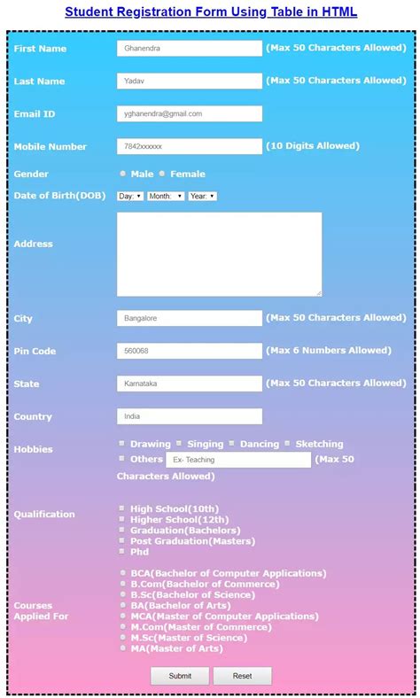 student registration form template html css   printable templates