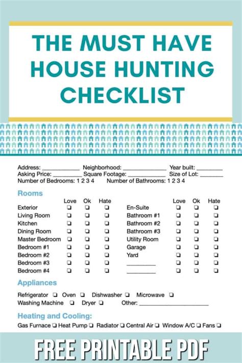 house hunting checklist  buying  house  printable