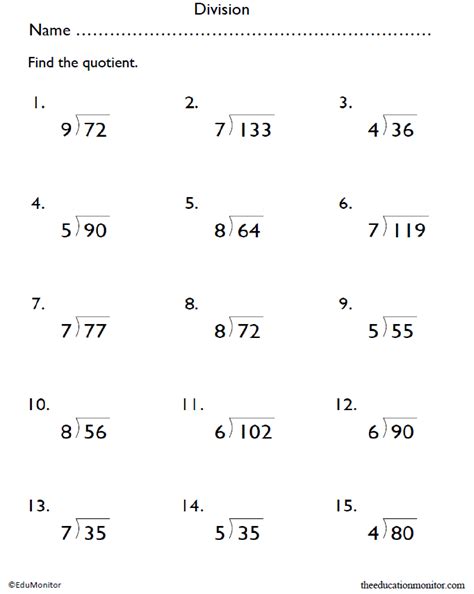 grade  division math worksheets edumonitor