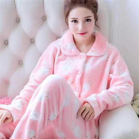 winter pajamas set women sleepwear warm flannel long sleeves pajamas p