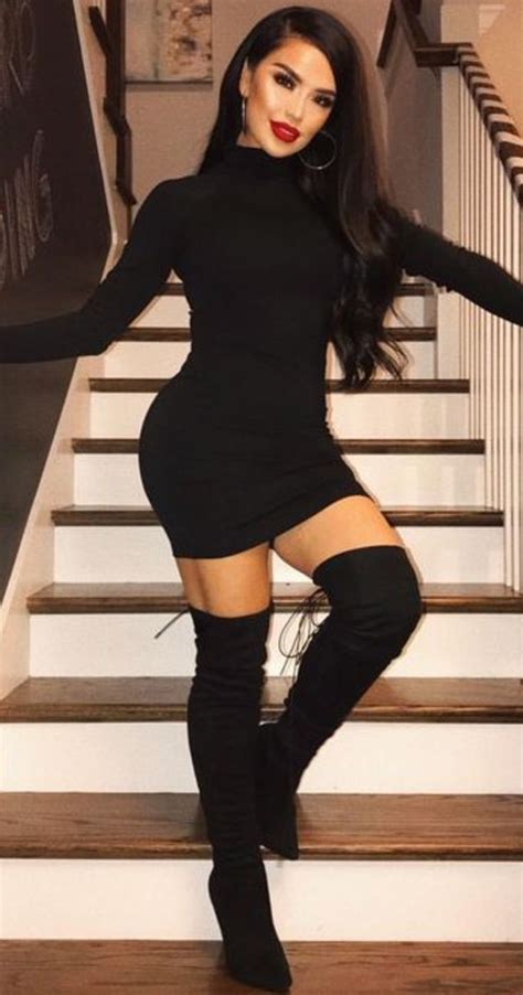 over the knee boots outfit with black mini dress spring outfits