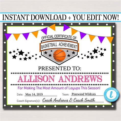 editable basketball certificates instant  basketball team