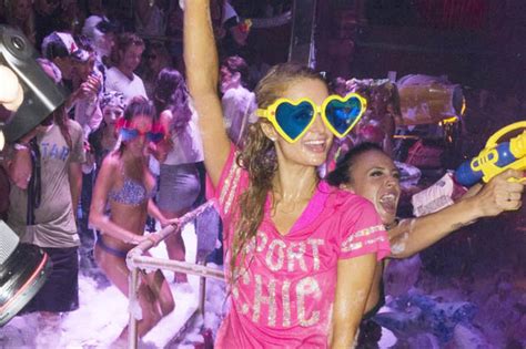 Paris Hilton Hosts A Wet N Wild Foam Party In Ibiza Club Amnesia