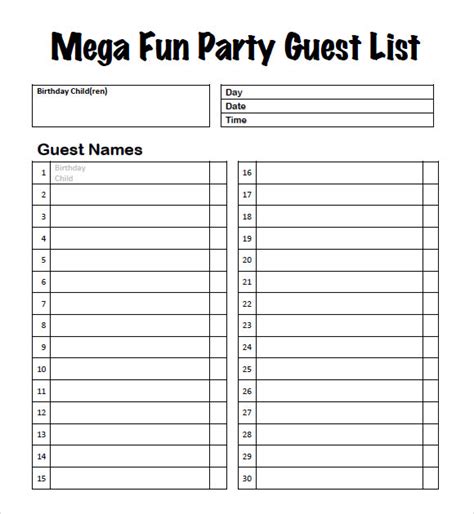 guest list samples   ms word excel