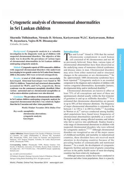 Pdf Cytogenetic Analysis Of Chromosomal Abnormalities In Sri Lankan
