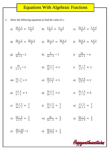 equations  algebraic fractions  answers teaching