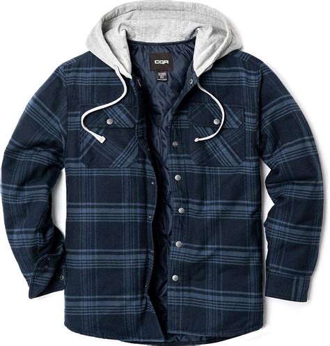 amazoncom cqr mens hooded quilted lined flannel shirt jacket long