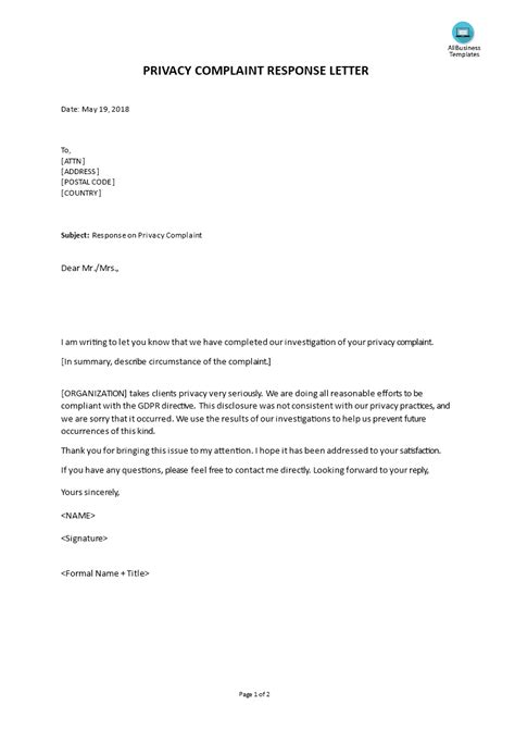 gdpr privacy complaint response letter