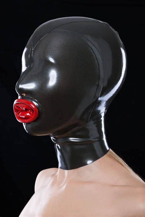 sexy black latex mouth condoms hood mask fetish hood rubber with back