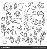 Animais Marinhos Fofos Marinhas Algas Corais Isolated Depositphotos Conjunto Isolados Livro Colorin Ilustração sketch template