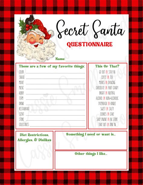 secret santa questionnaire  printable customize  print