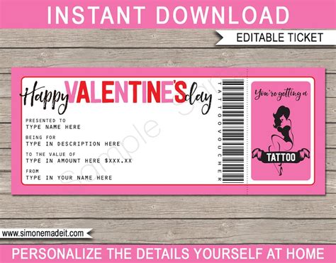 tattoo gift voucher printable valentines day gift etsy