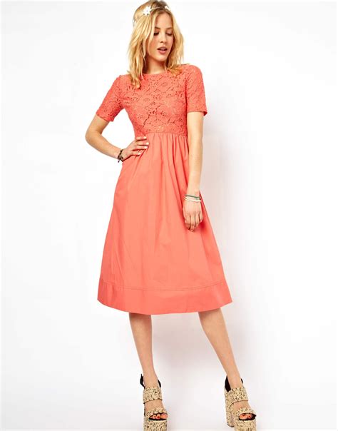 asos petite exclusive lace midi dress  coral pink lyst