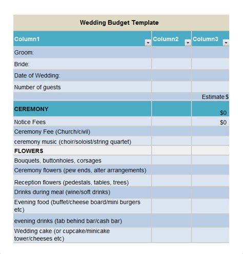 wedding budget templates     xlsx formats samples