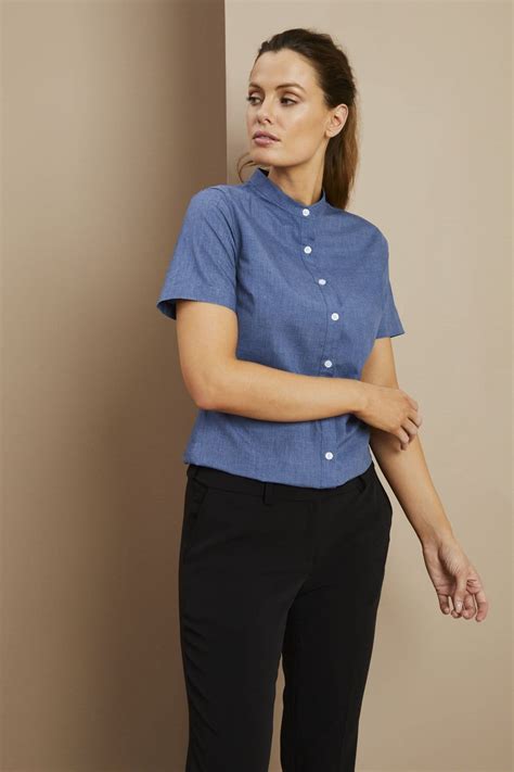 womens short sleeve denim  banded collar shirt blue denim sj