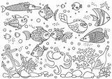 Aquarium Coloring Underwater Octopus Anchor Corals Fish Vector Shells Stones Bottle Illustration Circle Shape Pattern Book sketch template