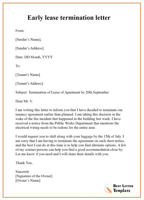 sample lease termination letter  tenant  letter template