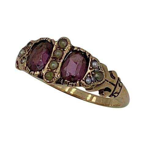 Victorian Garnet Pearl Ring Gold Antique Wedding Engagement Stacking