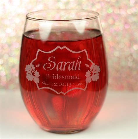hibiscus bridal party personalized stemless wine glasses set   glass blasted
