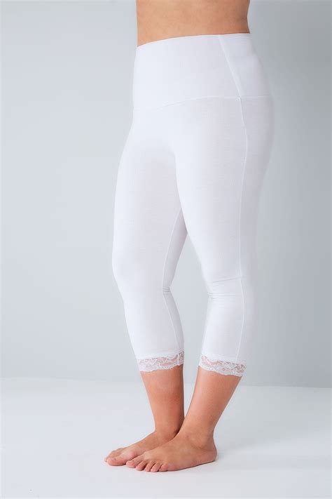 White Tummy Control Cropped Leggings With Lace Trim Plus
