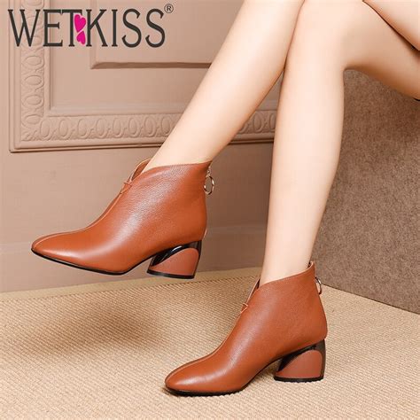 Wetkiss Cow Leather Women Ankle Boots Square Toe Footwear Unusual High