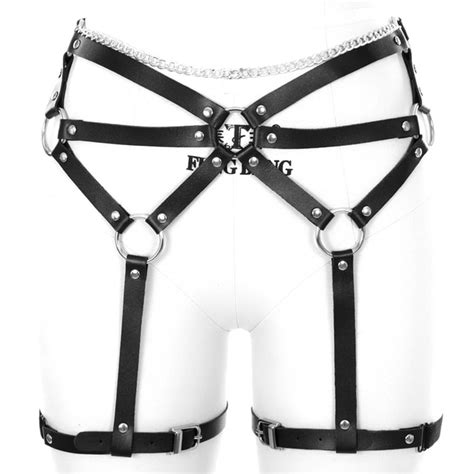 black sexy body cage leather high waist garter harness belt thigh