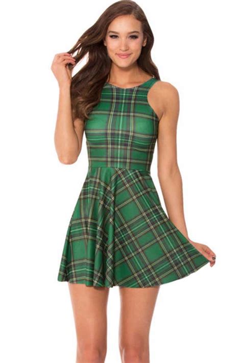 green plaid printed pleated dress casual dresses women casual dresses cheap casual dresses