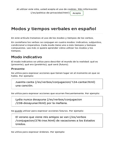 Lengua Modos Y Tiempos Verbales En Espanol Html Pdf Verbo