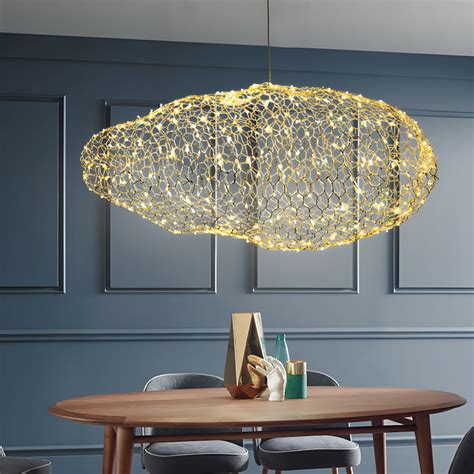 chrome mesh cloud pendant lighting modernist metal  wide led ceiling hanging lamp