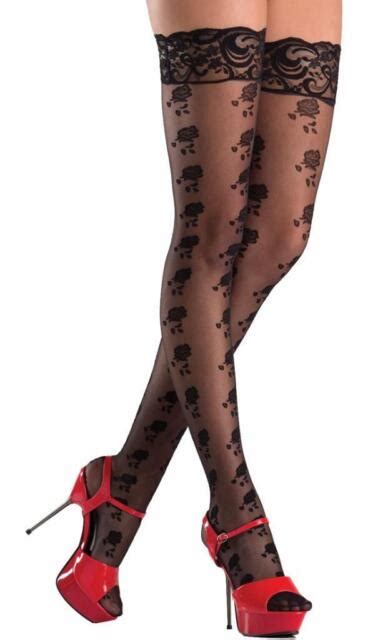 sheer thigh highs lace top stay up silicone floral design roses hosiery