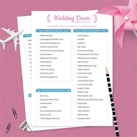 cute wedding decorations checklist template printable
